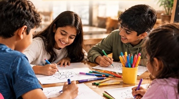 Four children drawing together around a table of colours