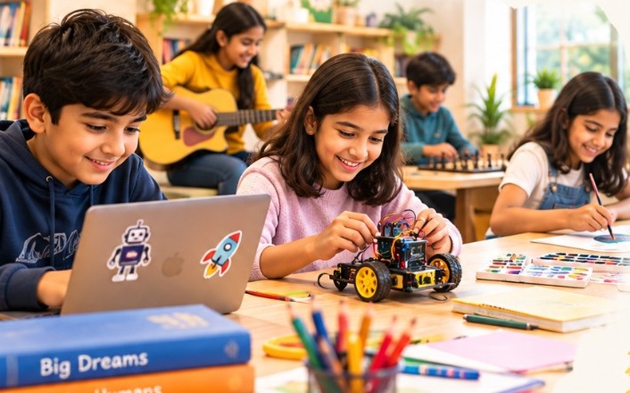 Children at a table coding, building a robot, painting, and playing guitar