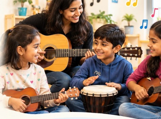 A mentor and three children playing guitar, ukulele, and drum