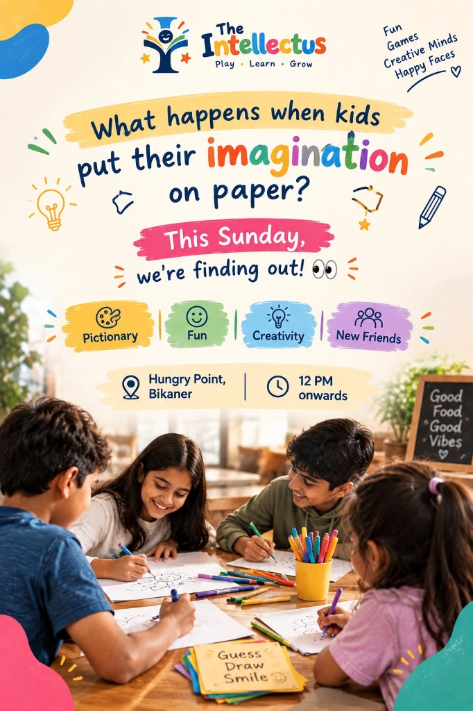 Children drawing together at a table for The Intellectus Sunday at Hungry Point, Bikaner